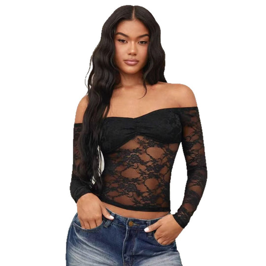 Damen Off-Shoulder Spitzenoberteil mit langen Ärmeln und romantischen Details EB