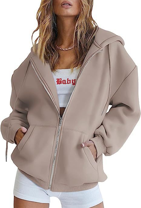 Damen nan oversized Kapuzenjacke mit durchgehendem Reißverschluss Kängurutaschen und weichem Sweatmaterial EB