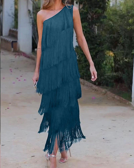 Damen Fransen Maxikleid mit asymmetrischem Schnitt und elegantem Detail EB
