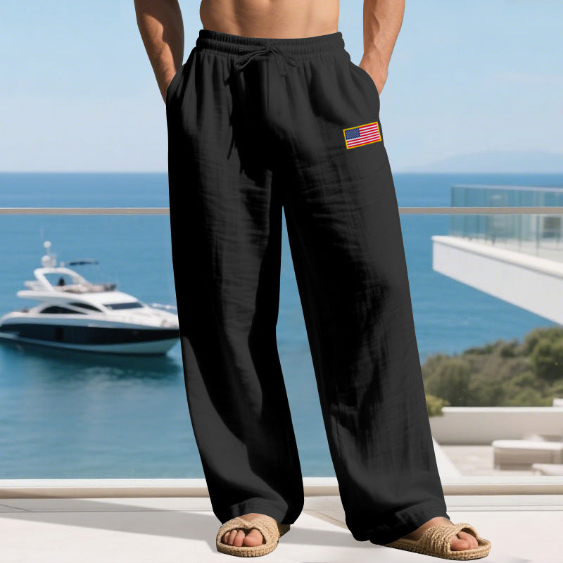 Herren Maritime Relaxed‑Fit Leinenoptik-Freizeithose mit Tunnelzug & Flaggen-Patch EB