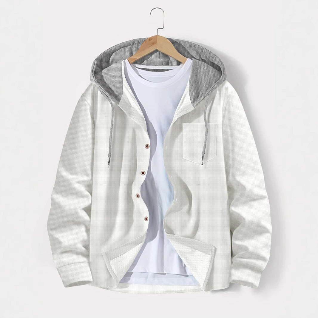 Herren nan leichtes Utility-Hoodie-Überhemd mit Kontrastkapuze, Knopfleiste und Brusttasche EB