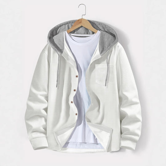 Herren nan leichtes Utility-Hoodie-Überhemd mit Kontrastkapuze, Knopfleiste und Brusttasche EB