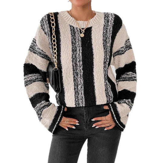 Damen Grober Strickpullover mit auffälligem Streifenmuster und lockerer Passform EB