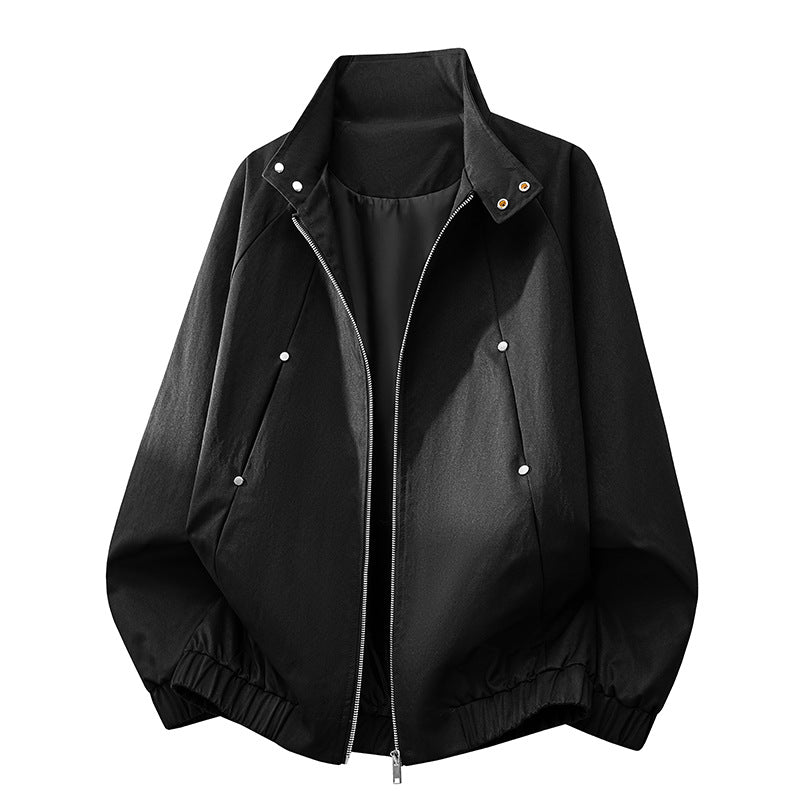 Herren ultraleichter Windbreaker-Blouson mit Stehkragen, elastischem Saum und verdeckten Druckknopf-Taschen EB