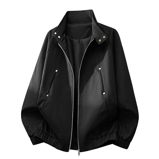 Herren ultraleichter Windbreaker-Blouson mit Stehkragen, elastischem Saum und verdeckten Druckknopf-Taschen EB