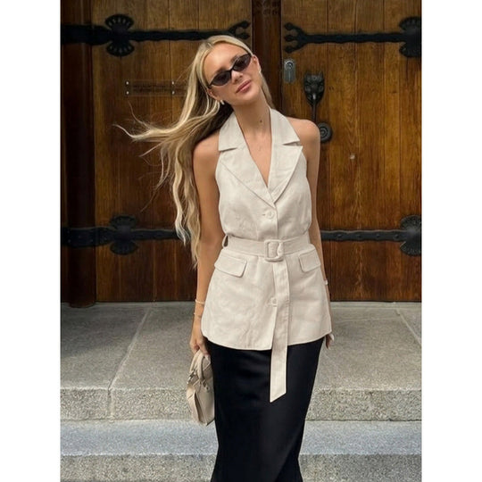Damen ärmellose Blazer mit Bindegürtel und hoher Taillierung EB