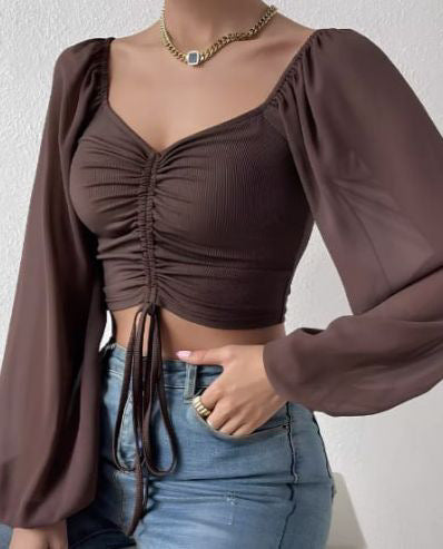 Damen Crop-Top mit strukturiertem Körper und eleganten Puffärmeln EB