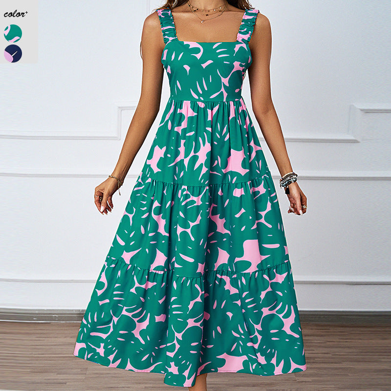 Damen Maxikleid mit verspieltem Rüschendesign und gemustertem Oberteil EB