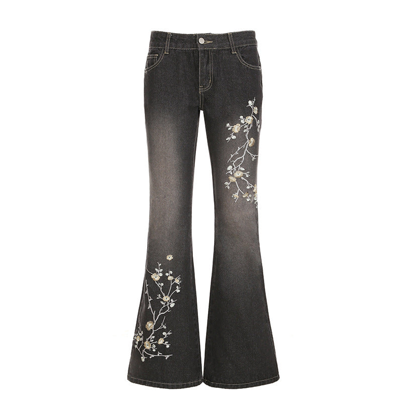 Damen Flared Jeans mit floralem Stickdesign und hohem Taillenbund EB