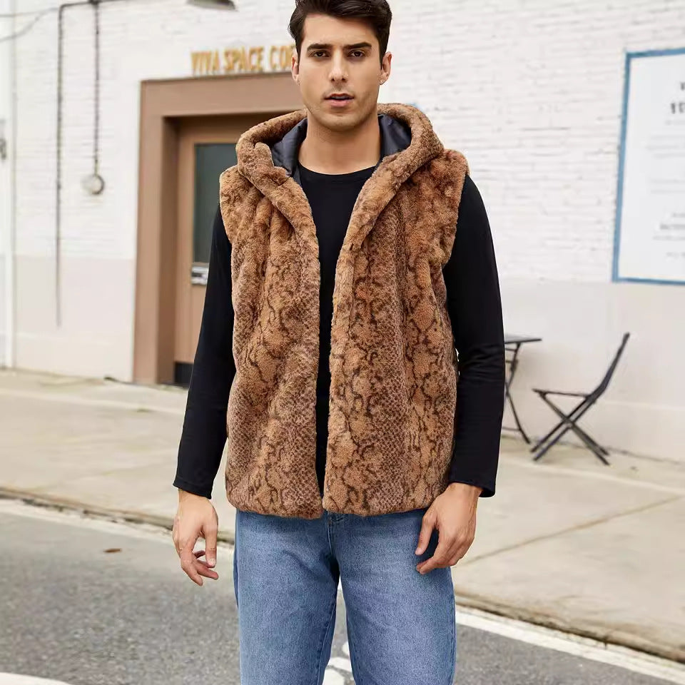 Herren Elegante Fleece-Weste mit Kapuze und Schlangenmotiv EB