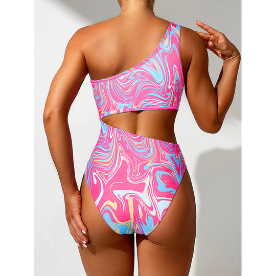 Damen One-Shoulder Bikini-Set mit buntem Muster und hohem Beinausschnitt EB