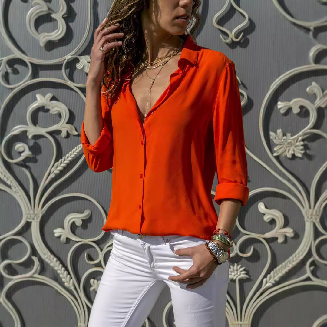 Damen nan lässige Viskose-Chiffon Bluse mit V-Ausschnitt und Umschlagärmeln EB