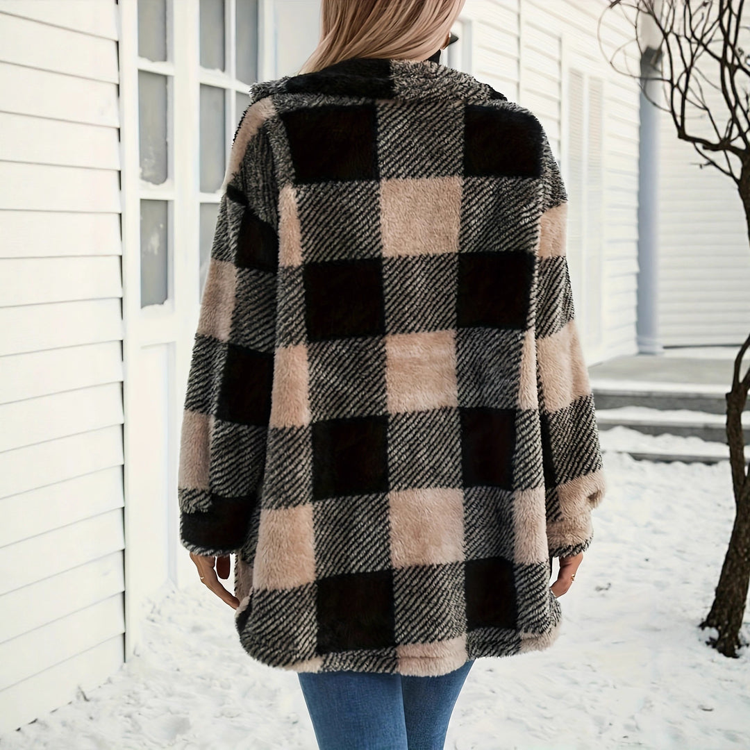 Damen Teddyjacke mit kariertem Muster und weichem Fell EB