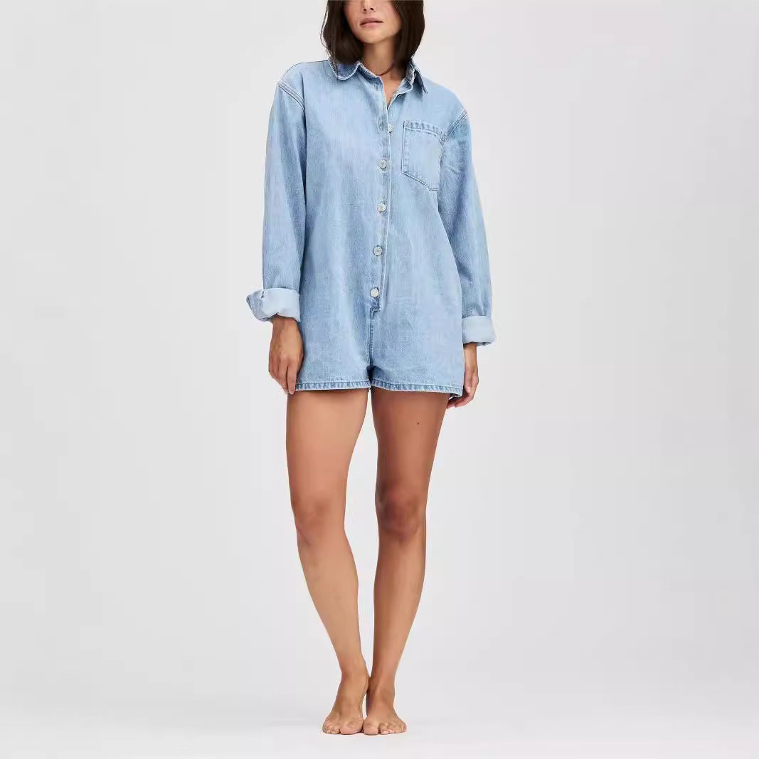 Damen Denim-Overall mit langen Ärmeln und klassischem Button-Up-Verschluss EB