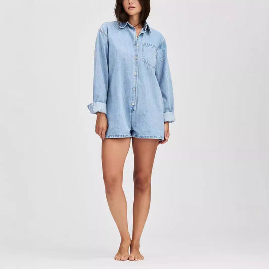 Damen Denim-Overall mit langen Ärmeln und klassischem Button-Up-Verschluss EB