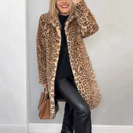 Damen Luxuriöser Teddy-Mantel mit Leopardenmuster und weichem Fleece EB