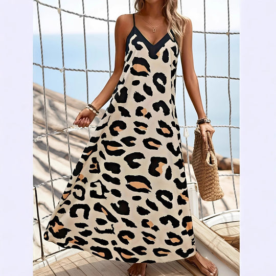 Damen Maxikleid mit elegantem V-Ausschnitt und aufregendem Leopardenmuster EB