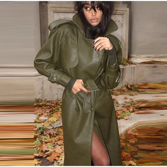 Damen Oversized Kunstleder-Trenchcoat mit hohem Kragen und abnehmbaren Gürtel EB