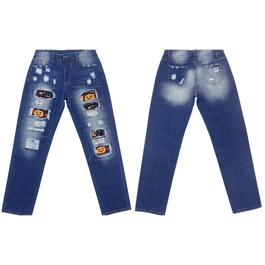 Damen Ripped Jeans mit Halloween-Motiv EB