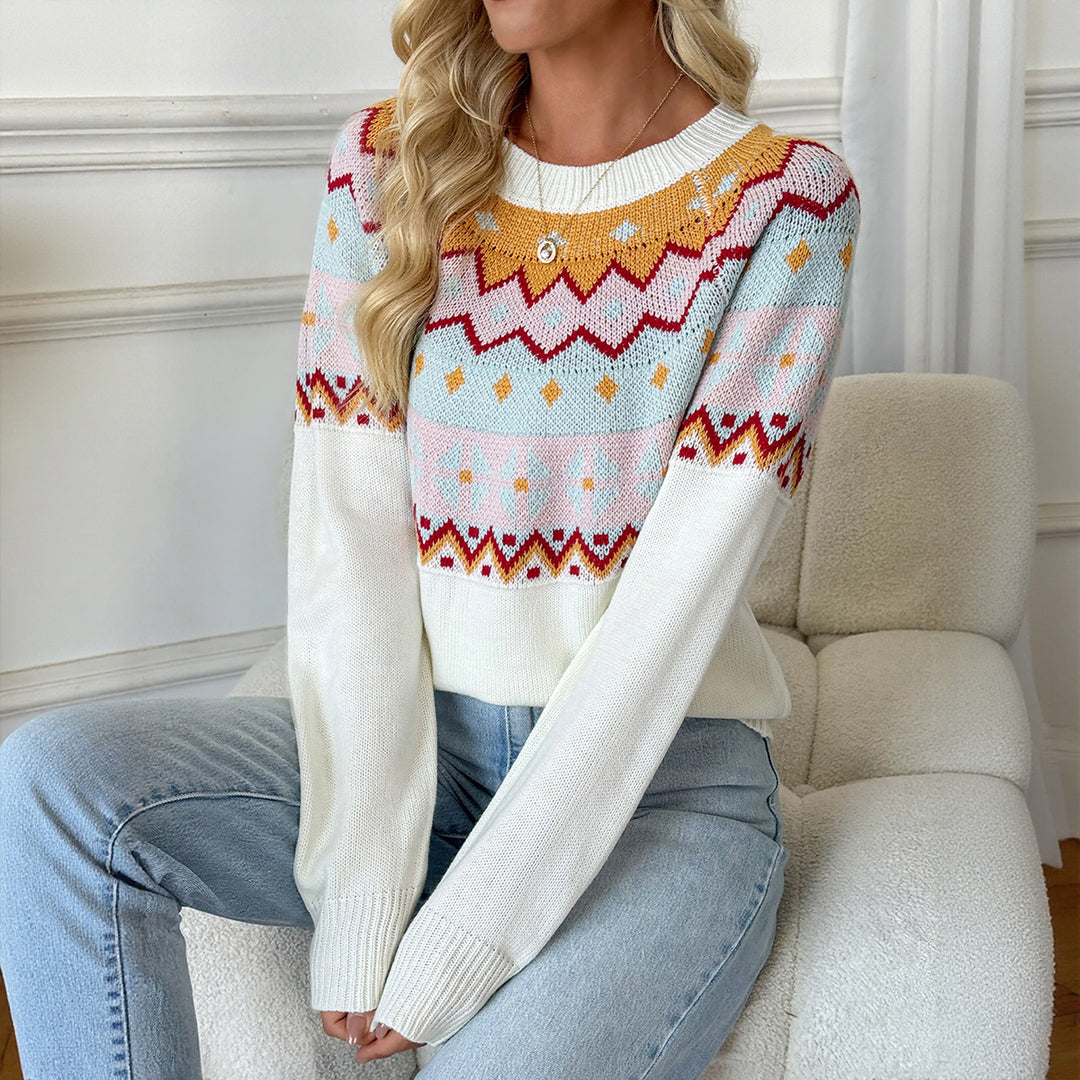Damen Strickpullover mit traditionellem Muster und überschnittenen Schultern EB