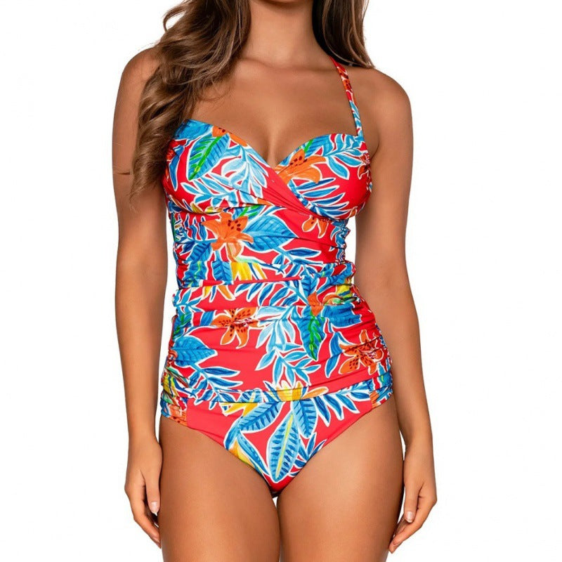 Damen Einteiliger Badeanzug mit floralem Wickeldesign und verstellbaren Trägern EB