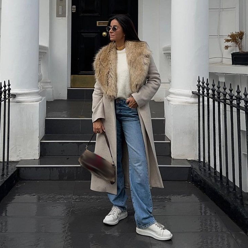 Damen Eleganter Trenchcoat mit gemütlichem Faux-Fur-Kragen und taillierbarem Gürtel EB