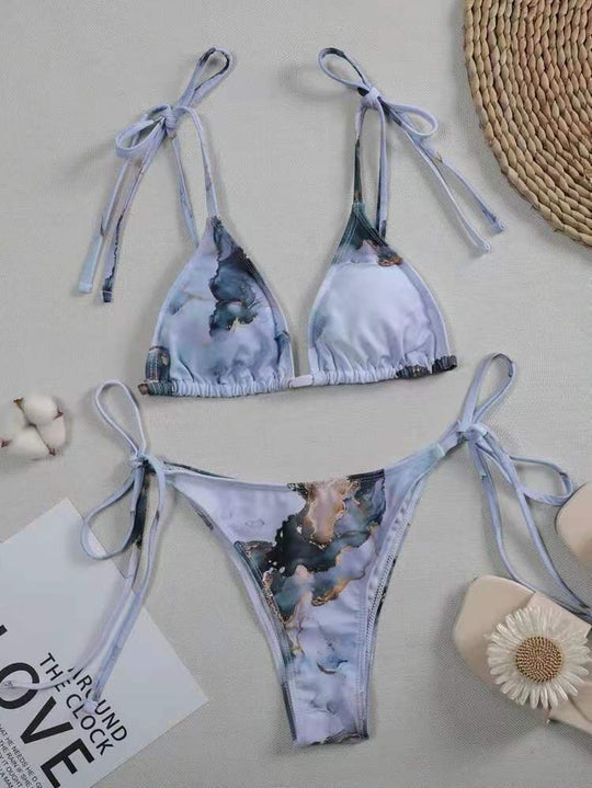 Damen Hoch geschnittenes Bikini-Set mit stylischem Marmor-Print EB