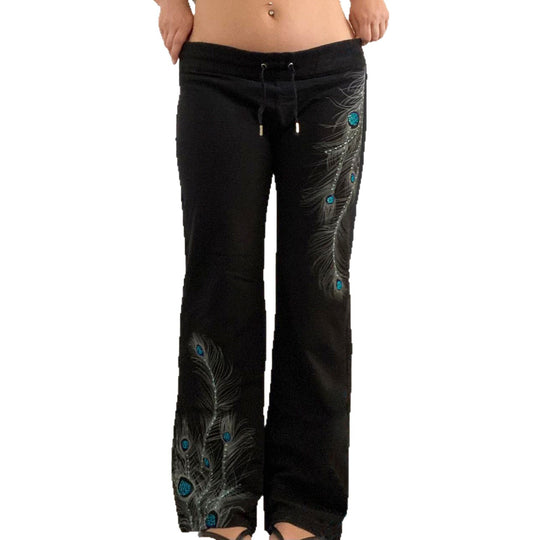 Damen nan weite Loungehose mit Kordelzug, hohem Komfortbund und Pfauenfeder-Print EB