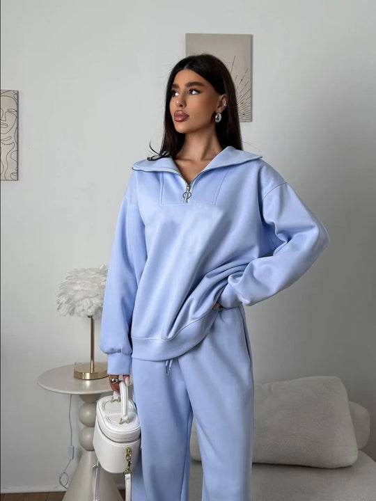 Damen Loungewear-Set mit halbem Reißverschluss und weiter Bügelfalten-Hose EB