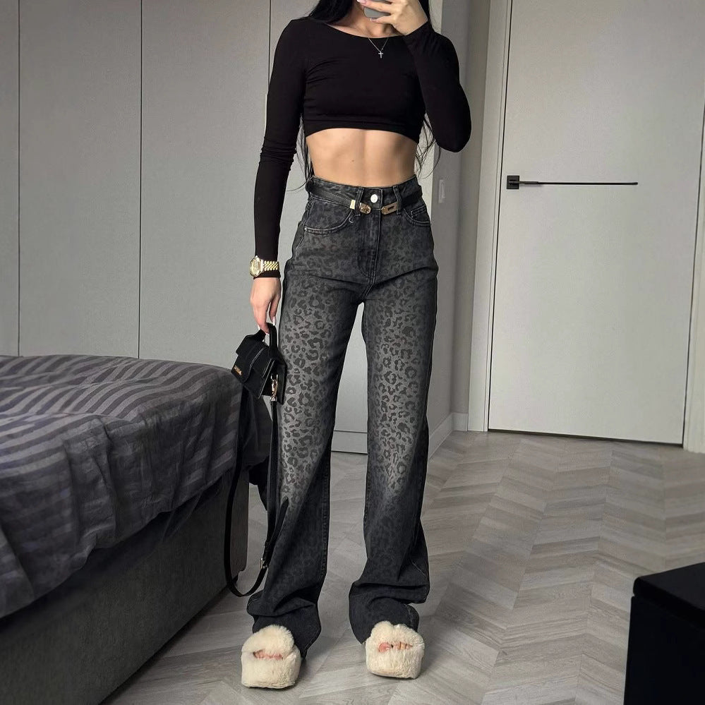 Damen High-Waist Jeans mit Leopardenmuster EB