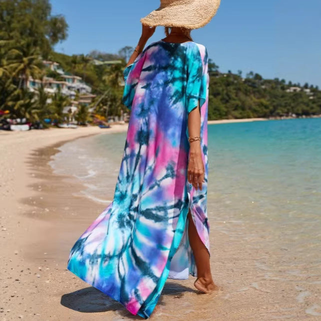 Damen Strandkleid mit buntem Batikdesign und weit geschnittenen Ärmeln EB