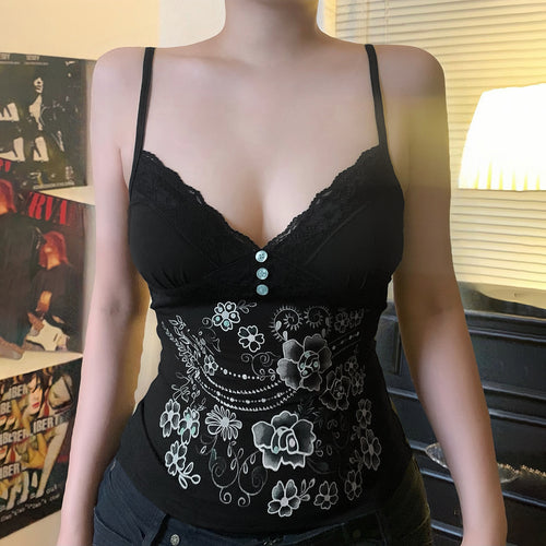Damen Spitzentop mit floralem Design und dekorativen Knöpfen EB