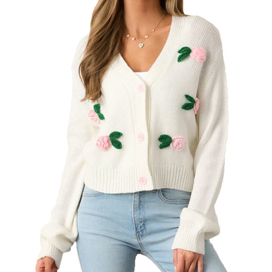 Damen Strickjacke mit floralen Applikationen und bequemen Knopfdetails EB