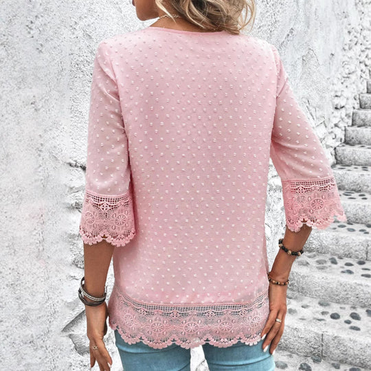 Damen Bluse mit Spitzenbesatz und gepunktetem Design Heidi-Mode