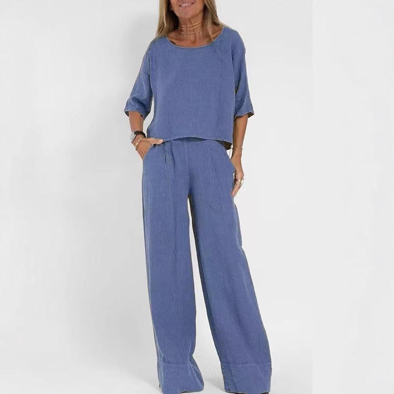Damen luftiges Leinen-Ensemble mit weitem Schnitt und praktischen Taschen EB