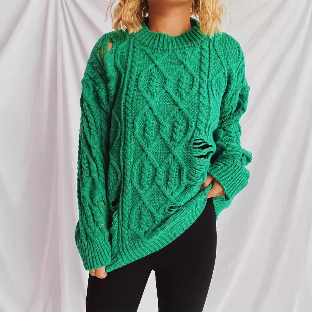 Damen Grobstrickpullover mit einzigartigem Zopfmuster und ausgefransten Details EB