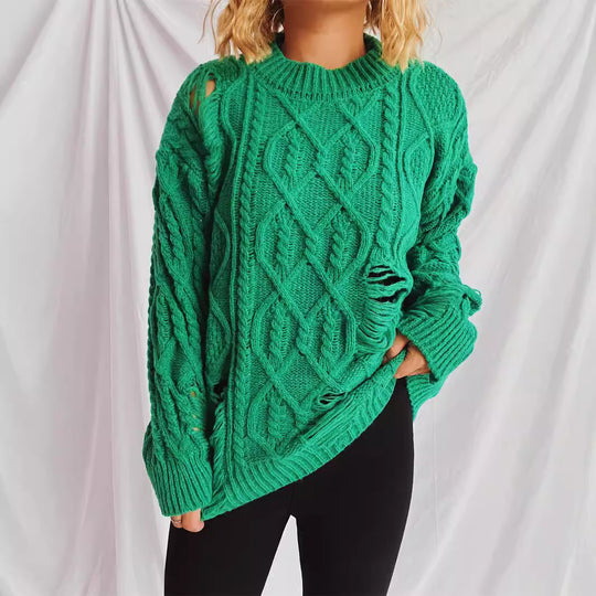 Damen Grobstrickpullover mit einzigartigem Zopfmuster und ausgefransten Details EB