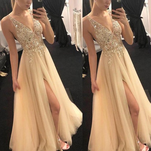 Damen Glamouröses Abendkleid mit funkelnder Applikation und hochgeschlitzt Design EB