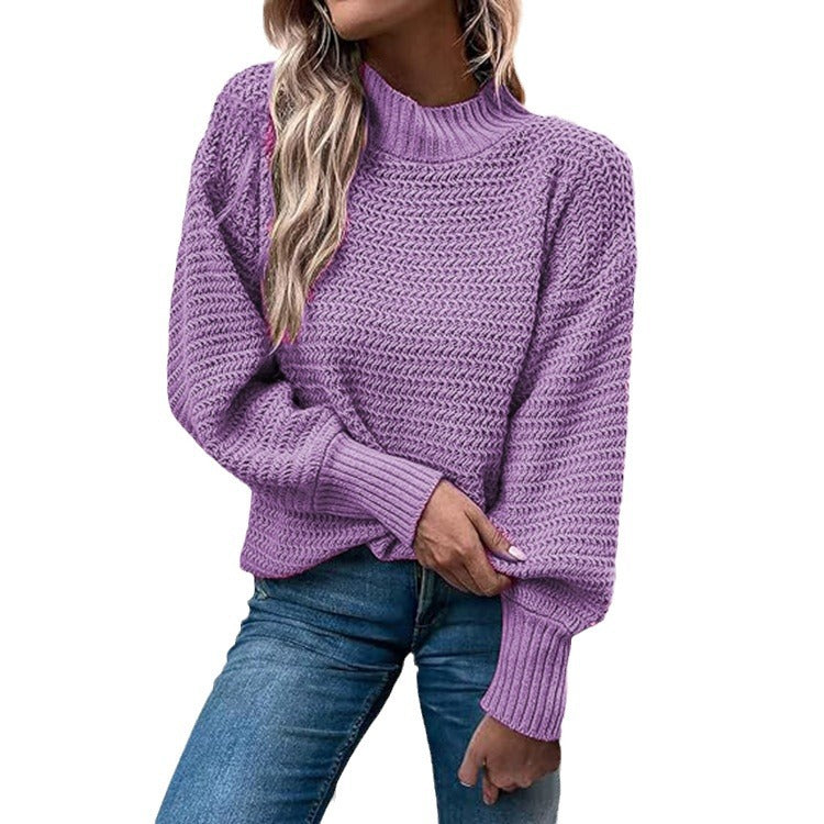 Damen Grobstrickpullover mit hohem Kragen und ballonförmigen Ärmeln EB