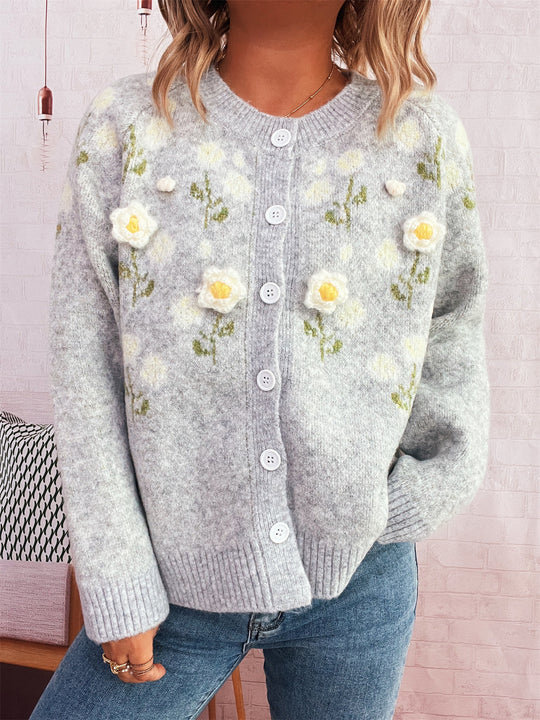 Damen Strickjacke mit floralem Design und Knopfverschluss EB