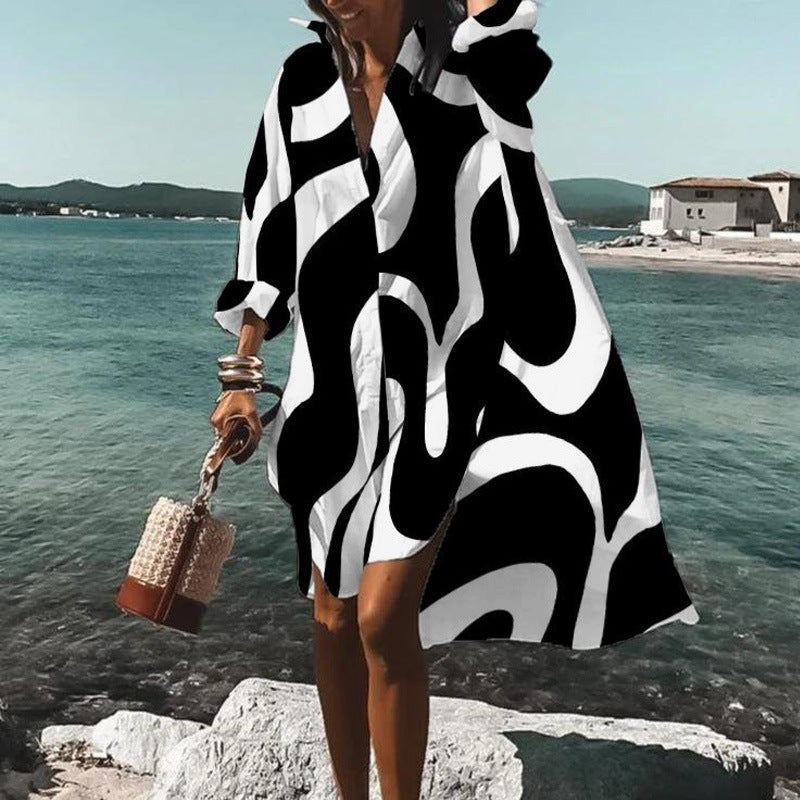 Damen nan luftiges Strandkleid Kaftan mit tropischem Blattprint und weitem Schnitt EB