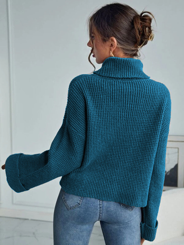 Damen Hochwertiger Strickpullover mit hohem Kragen und strukturiertem Design EB
