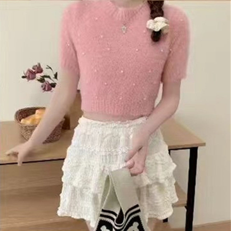 Damen cropped Pullover mit zarten Perlen EB