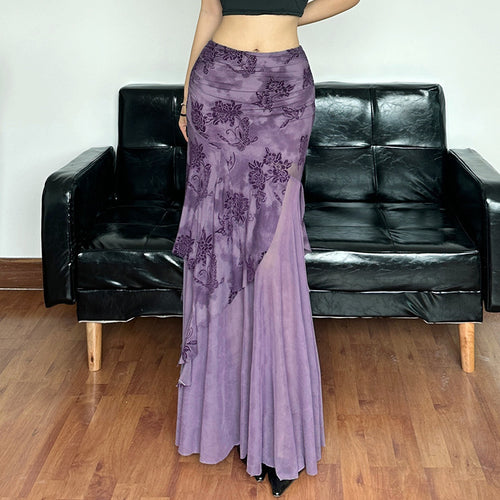 Damen eleganter asymmetrischer Maxirock mit floralen Verzierungen EB