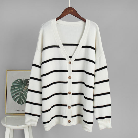 Damen Strickcardigan mit V-Ausschnitt und groben Streifen EB