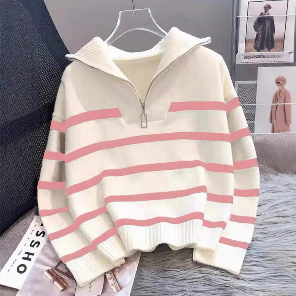 Damen Gestreifter Halb-Reißverschluss Strickpullover mit Rippenkragen EB