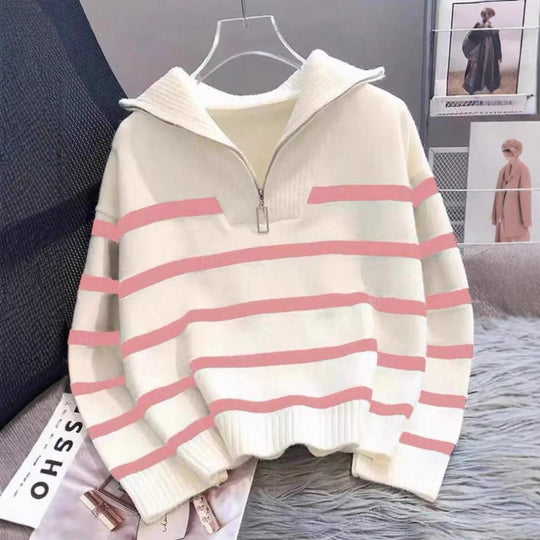 Damen Gestreifter Halb-Reißverschluss Strickpullover mit Rippenkragen EB