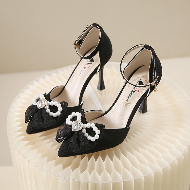 Damen elegante Mary Jane Pumps mit funkelndem Schleifen- und Perlenakzenten EB