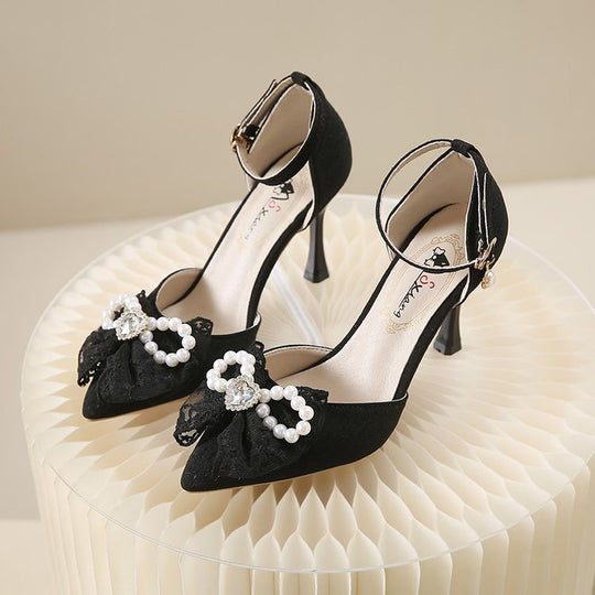 Damen elegante Mary Jane Pumps mit funkelndem Schleifen- und Perlenakzenten EB