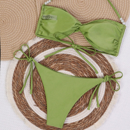 Damen Bandeau-Bikini mit eleganten Perlenschnüren EB